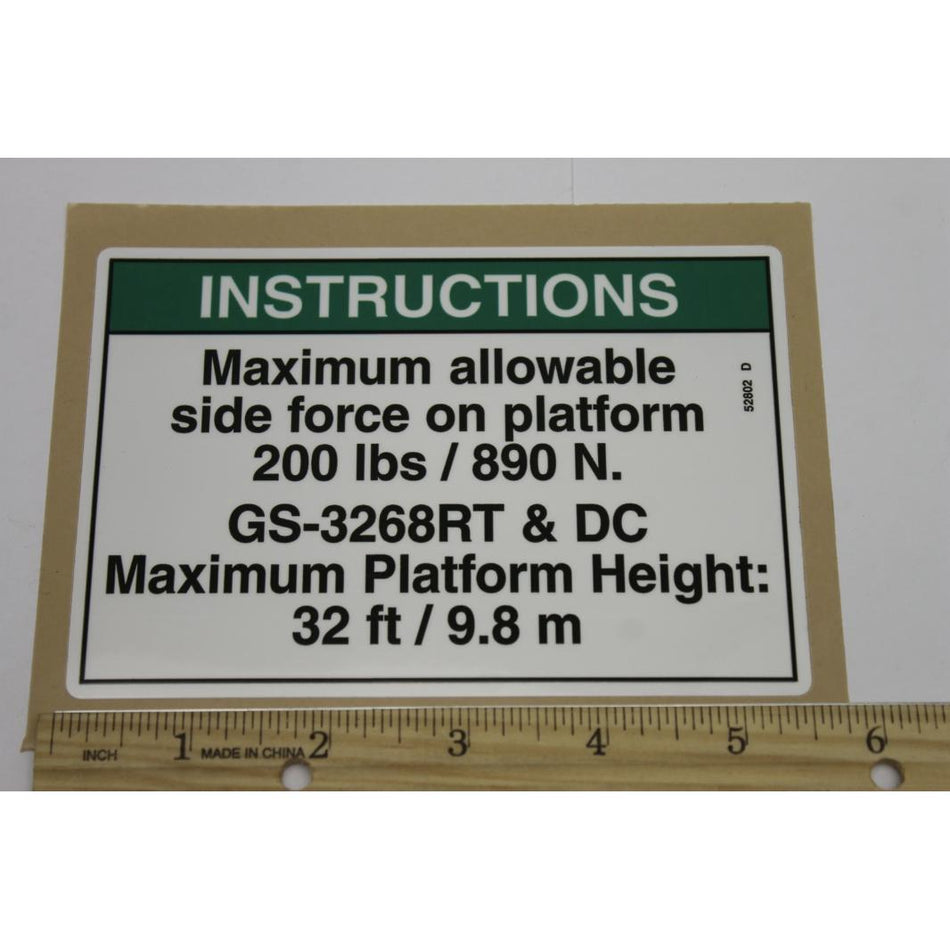 Genie Part # 52802. 52802GT - DECAL. NOTICE. SIDE FRC. 3268ANSI