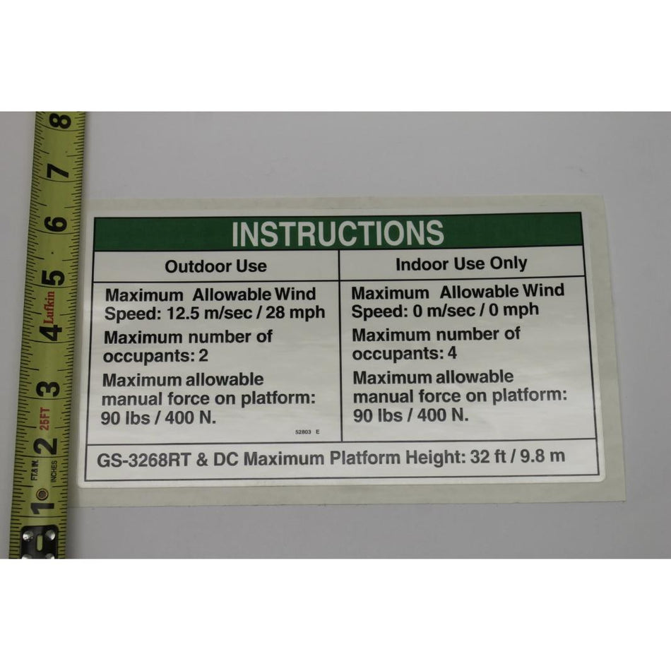 Genie Part # 52803. 52803GT - DECAL. NOTICE. SIDE FRC. 3268. AUS