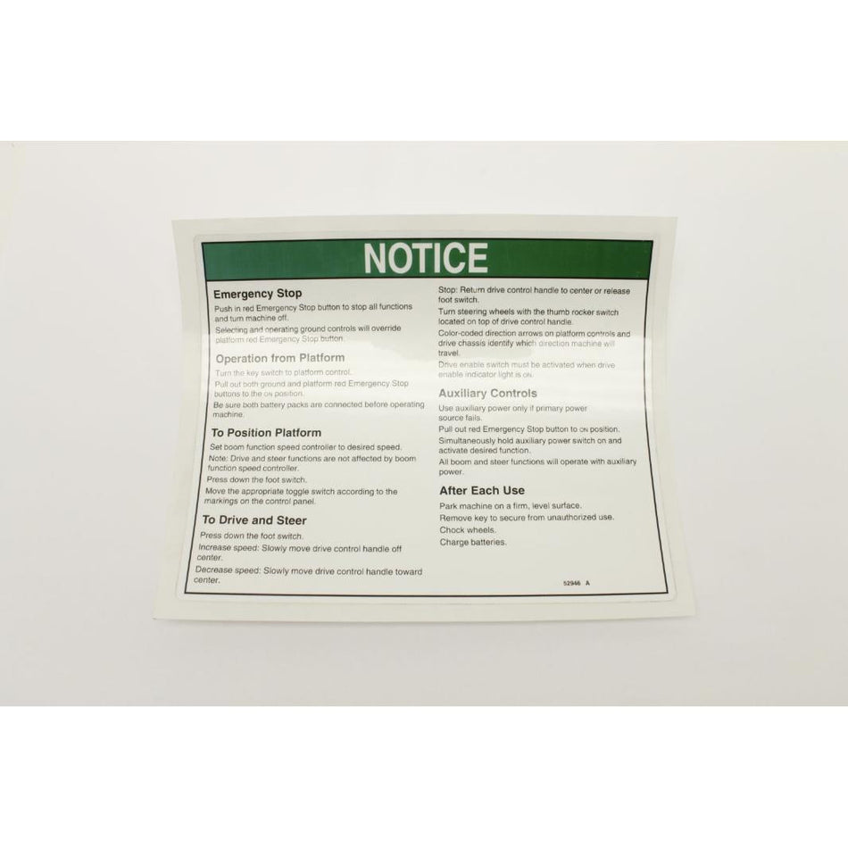 Genie Part # 52946. 52946GT - DECAL. NOTICE. OP INST. PLAT. Z45D