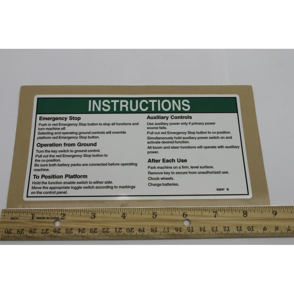 Genie Part # 52947. 52947GT - DECAL.OPERATING INSTR.GROUND