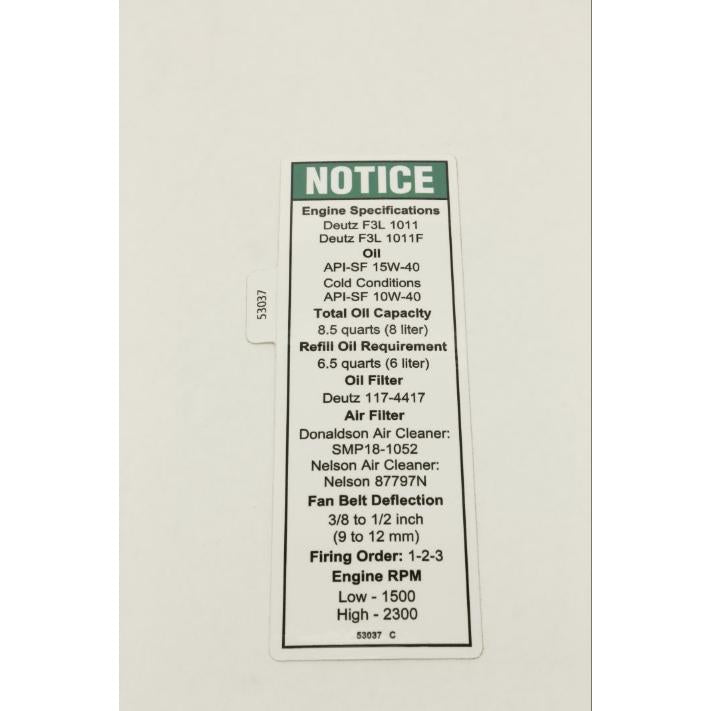 Genie Part # 53037. 53037GT - DECAL. NOTICE. DEUTZ ENG SPEC***
