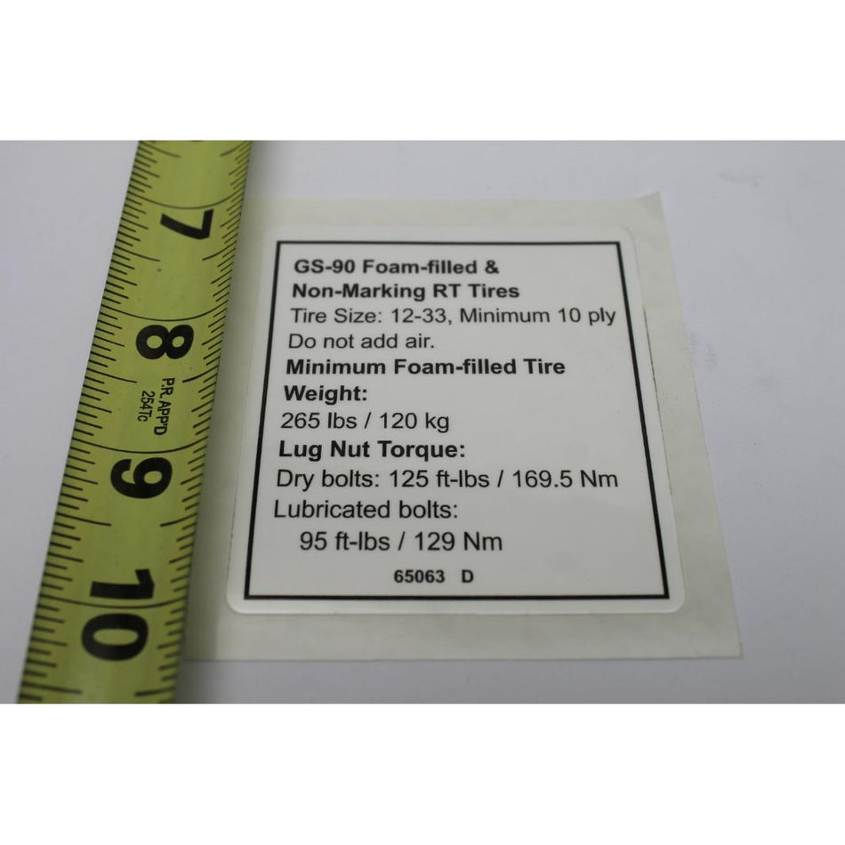 Genie Part # 65063. 65063GT - DECAL.NOTICE.TIRE SPECS