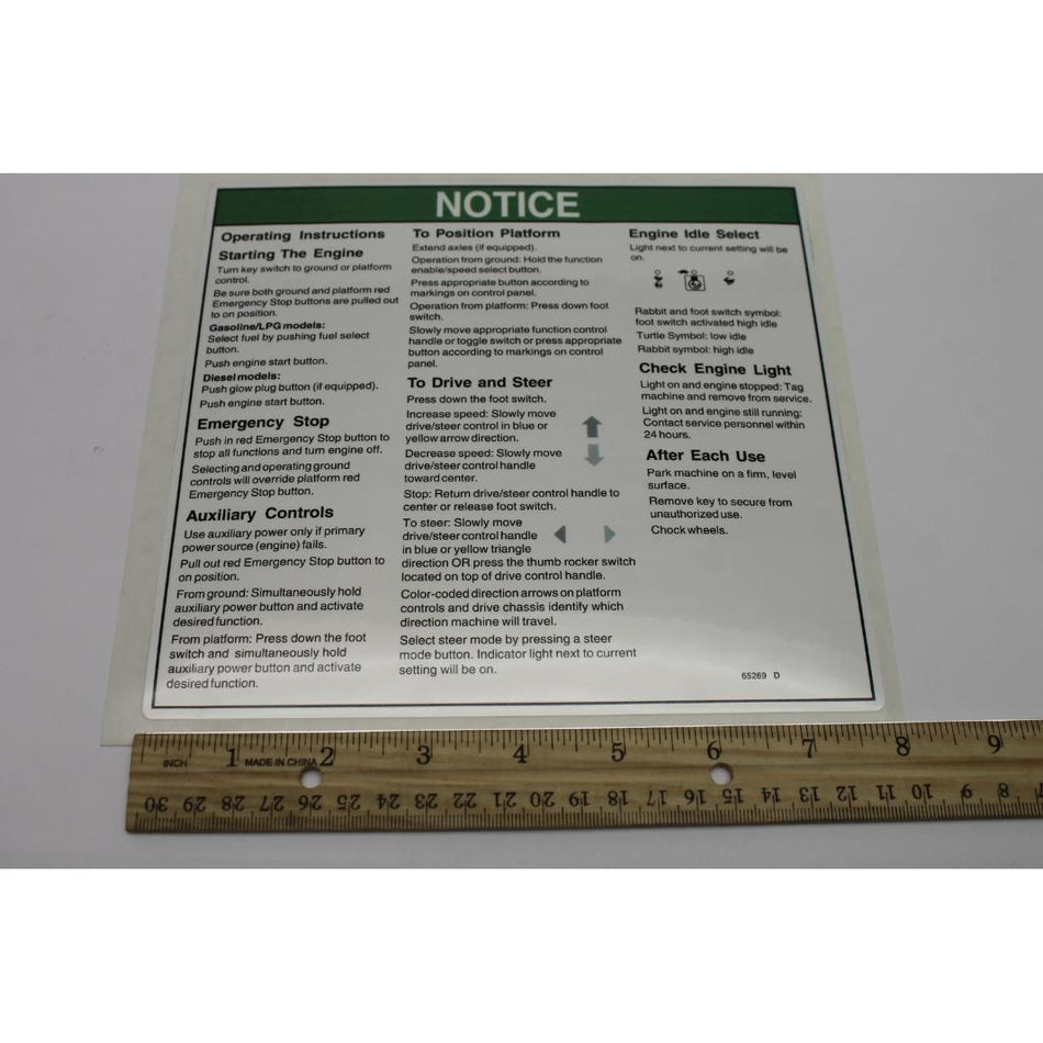 Genie Part # 65269. 65269GT - DECAL.NOTICE.OPERATING INST.