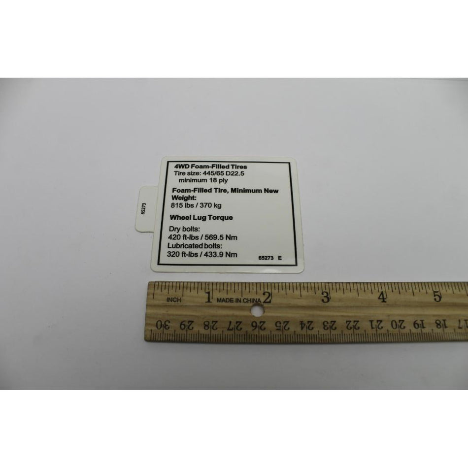 Genie Part # 65273. 65273GT - DECAL.NOTICE.TIRE SPECS