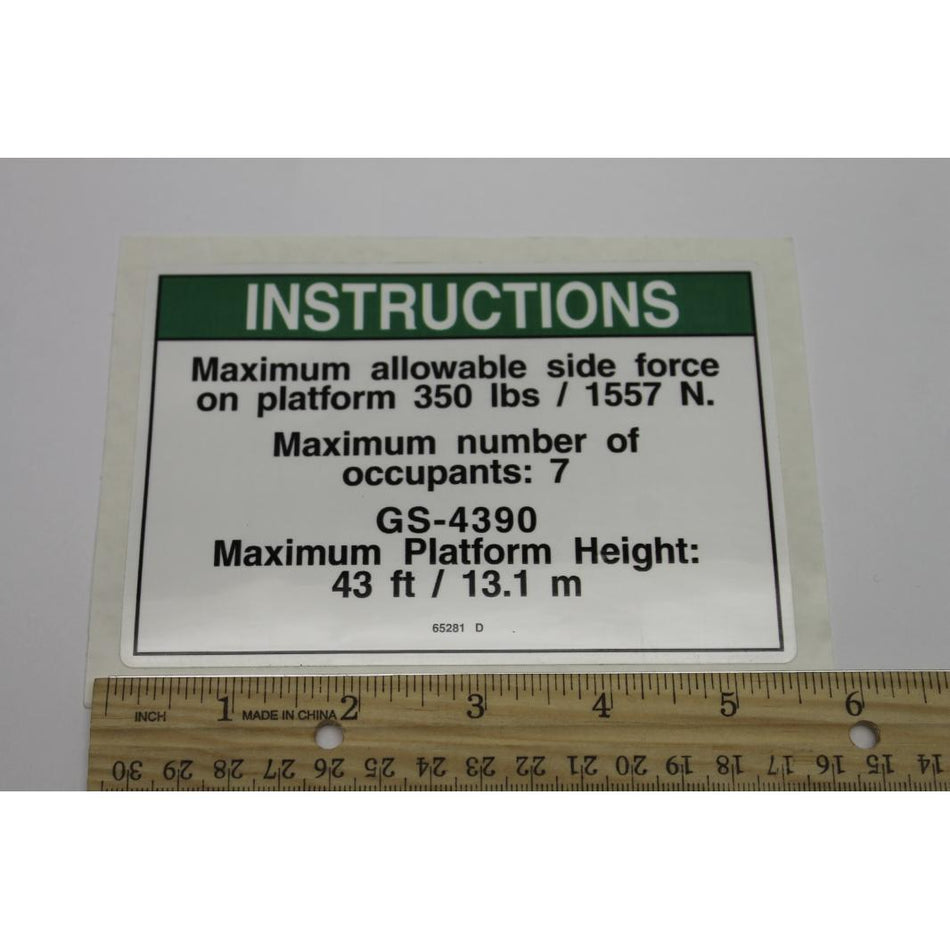 Genie Part # 65281. 65281GT - DECAL.NOTICE.SIDE FORCE.350 LB