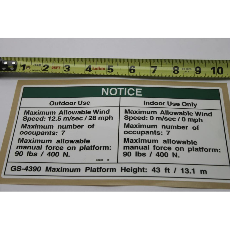 Genie Part # 65283. 65283GT - DECAL. NOTICE. SIDE FORCE AUS