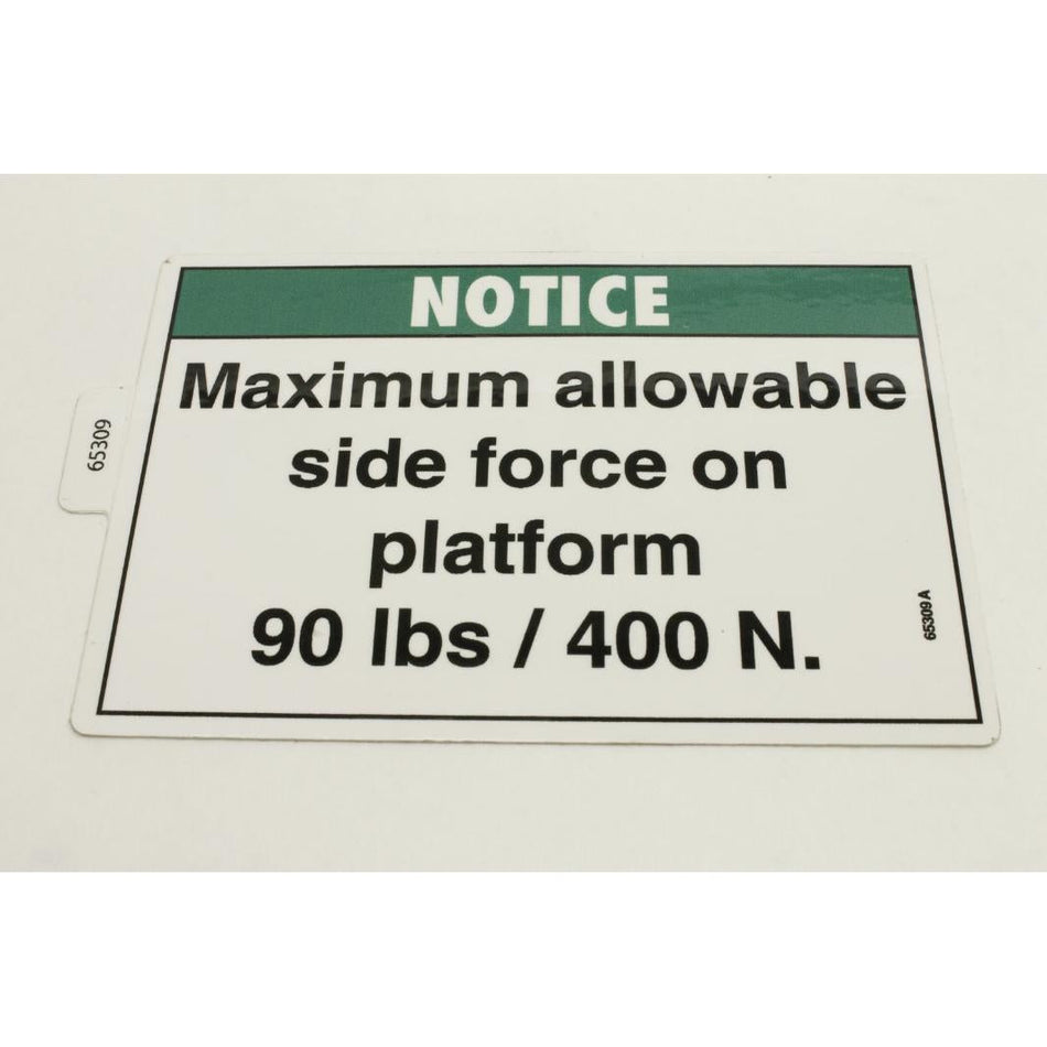 Genie Part # 65309. 65309GT - DECAL. NOTICE. SIDE FORCE 90 LBS