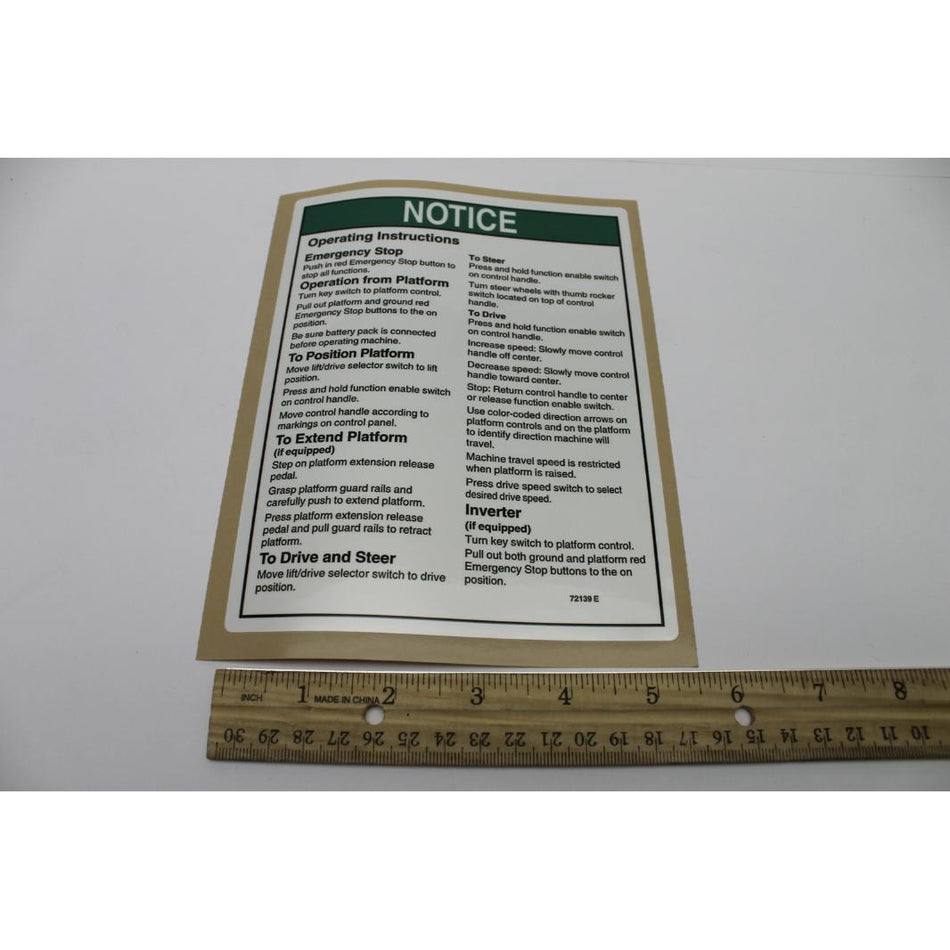 Genie Part # 72139. 72139GT - DECAL. OPERATING INST. RUNABOUT