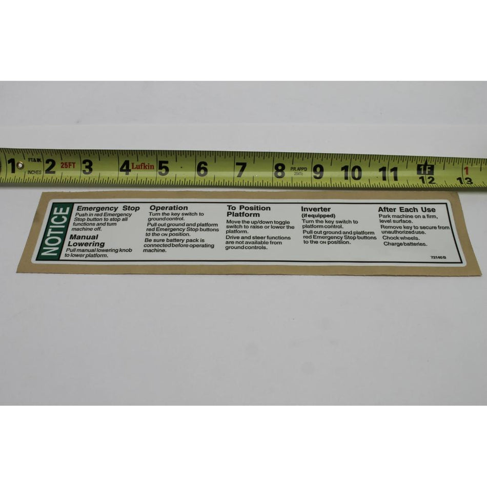 Genie Part # 72140. 72140GT - DECAL. OPERATING INST. RUNABOUT*