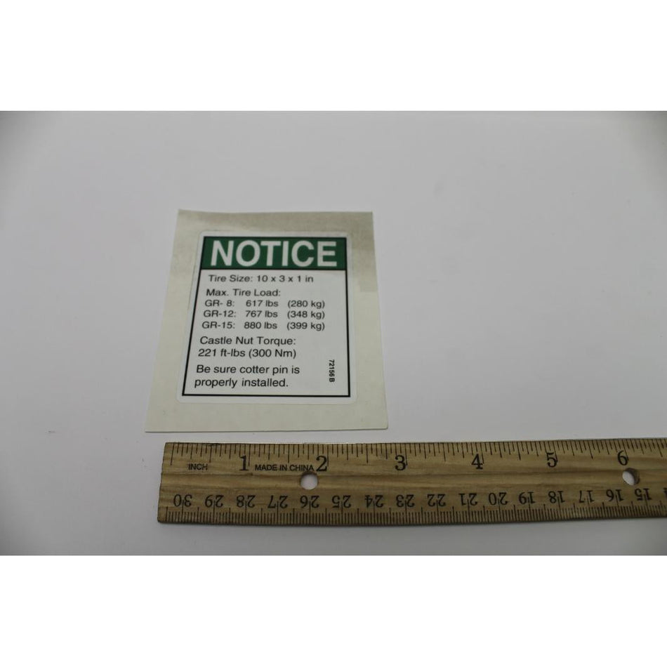 Genie Part # 72156. 72156GT - DECAL.NOTICE.TIRE SPECS.GR***