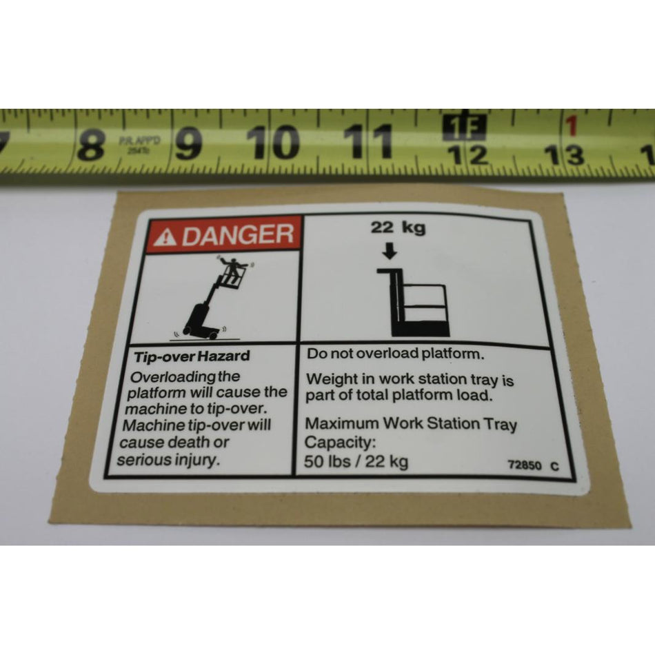 Genie Part # 72850. 72850GT - DECAL. DANGER. MAX CAP TRAY. WRD