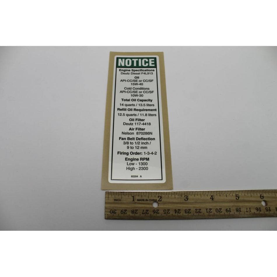 Genie Part # 82204. 82204GT - DECAL. NOTICE. DEUTZ ENG SPEC