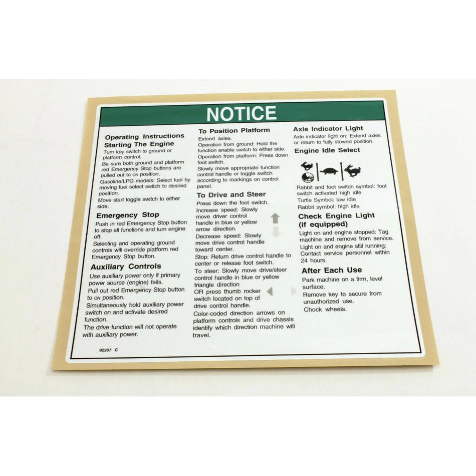Genie Part # 82207. 82207GT - DECAL. NOTICE. OPERATING INST.IC