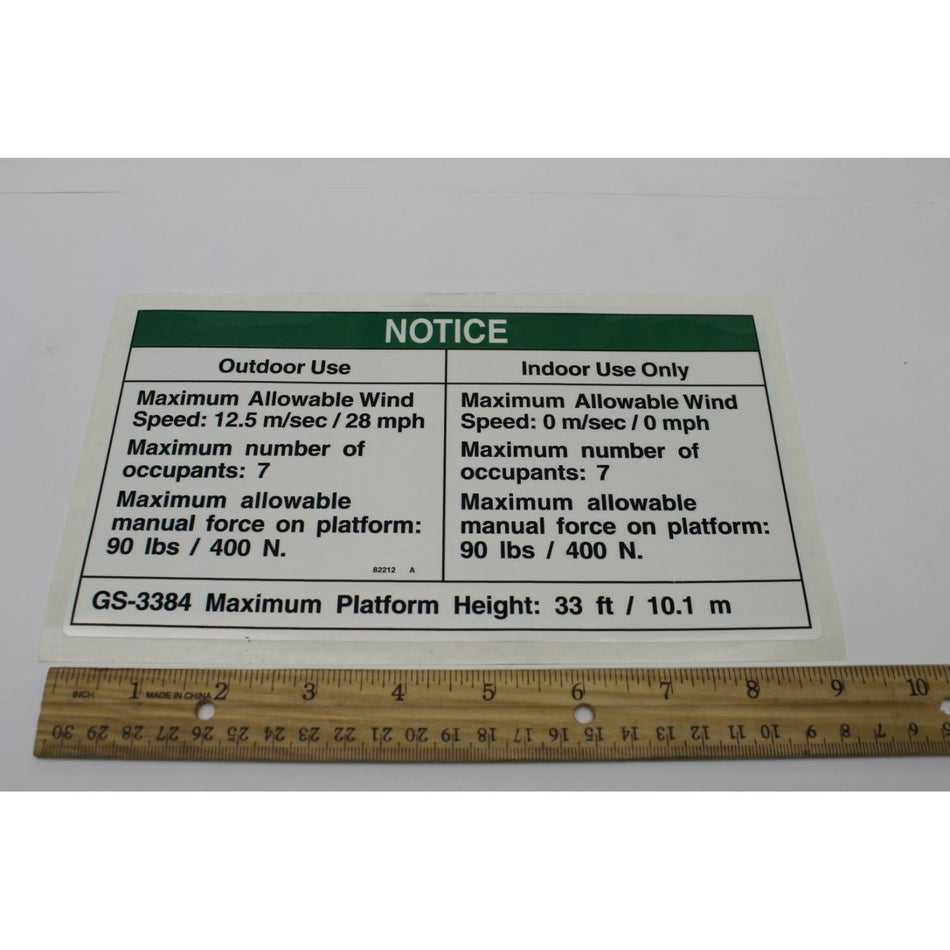 Genie Part # 82212. 82212GT - DECAL. NOTICE. SIDE FORCE AUS
