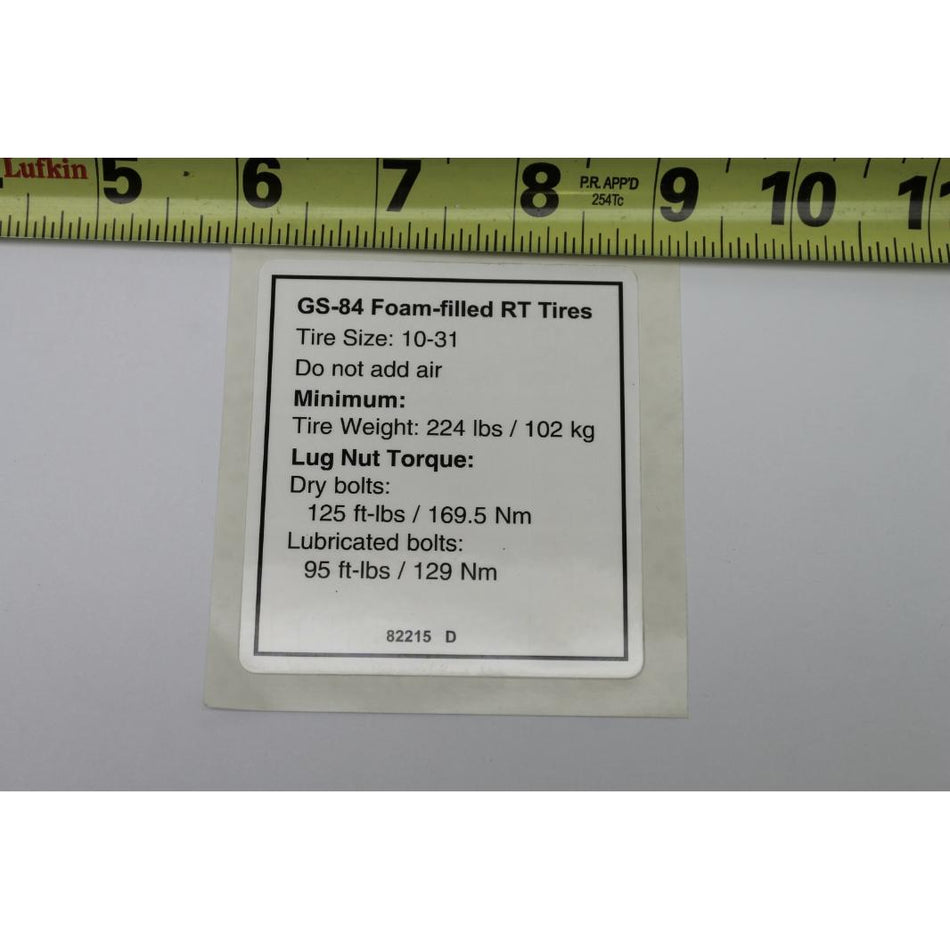 Genie Part # 82215. 82215GT - DECAL. NOTICE. TIRE SPECS