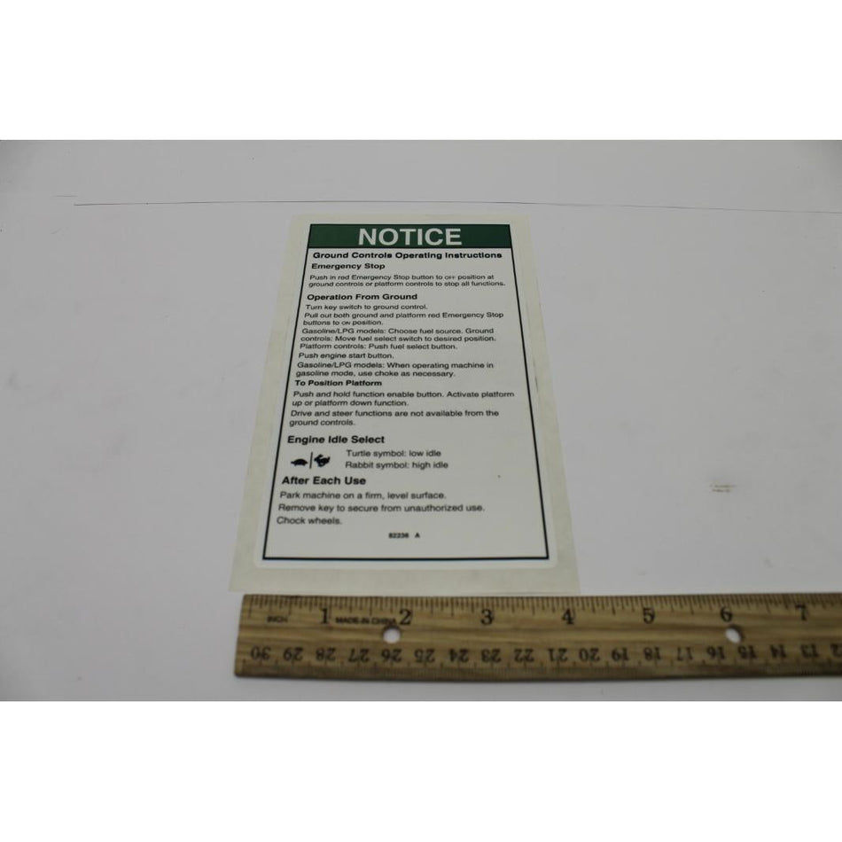 Genie Part # 82236. 82236GT - DECAL. NOTICE. OPER INST. GRND**