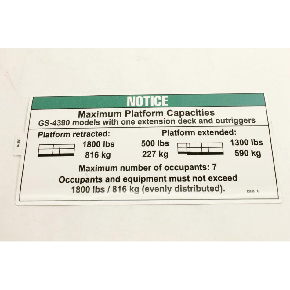 Genie Part # 82280. 82280GT - DECAL. NOTICE. MX CP. GS43 1DK OR