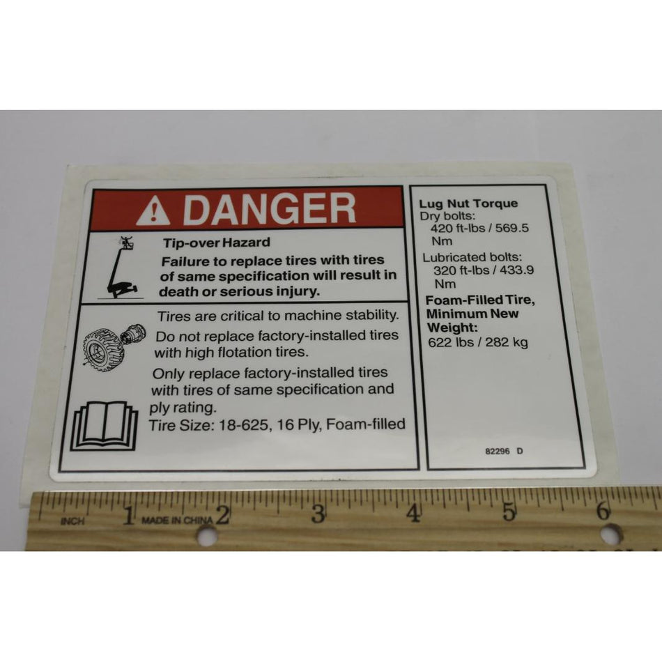 Genie Part # 82296. 82296GT - DECAL. NOTICE TIRE SPECS