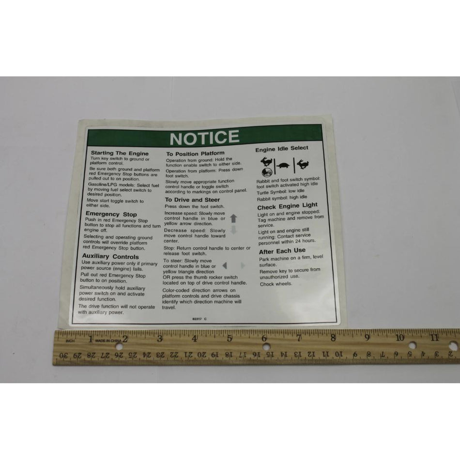 Genie Part # 82317. 82317GT - DECAL. NOTICE. OPERATING INST.**