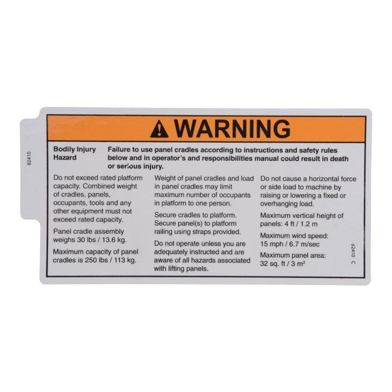 JLG Part # 82410 - Genie-DECAL. WARNING. PANEL CRADLE