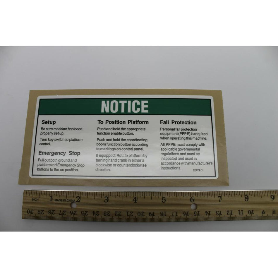 Genie Part # 82477. 82477GT - DECAL. NOTICE. OP INST. PLATFORM