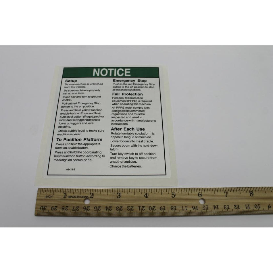 Genie Part # 82478. 82478GT - DECAL. NOTICE. OP INSTR. GROUND