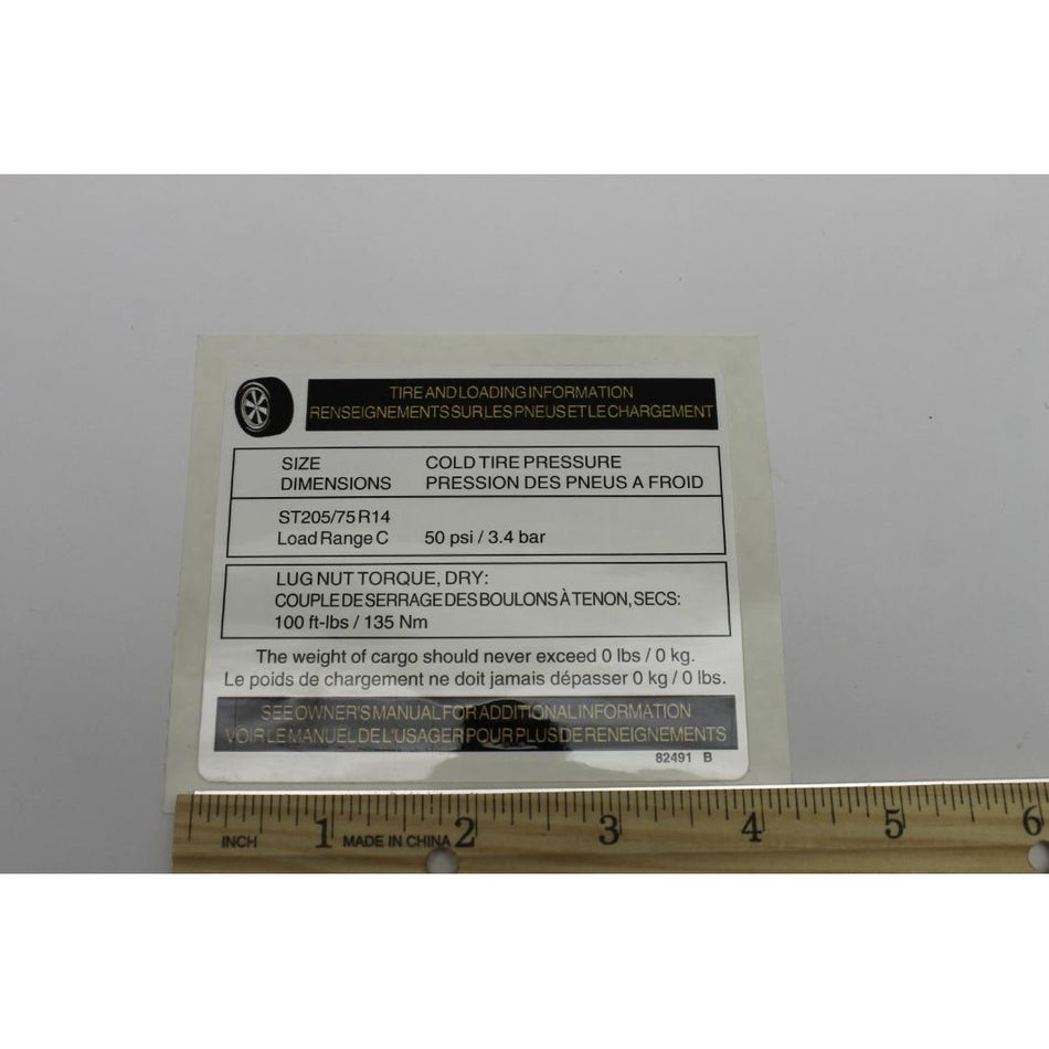 Genie Part # 82491. 82491GT - DECAL. NOTICE. TIRE SPECS. TZ34