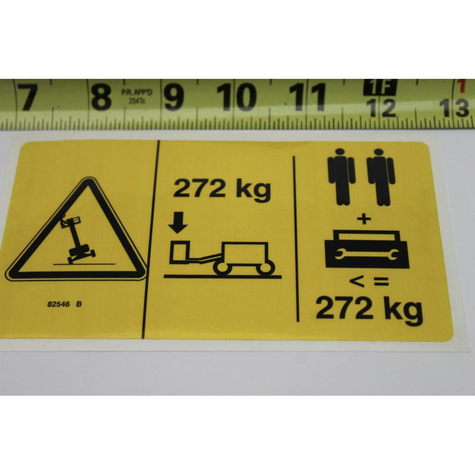 Genie Part # 82546. 82546GT - DECAL. LABEL. MAX LOAD 272 KG