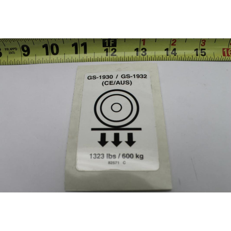Genie Part # 82571. 82571GT - DECAL LABEL WHEEL LOAD 19XX