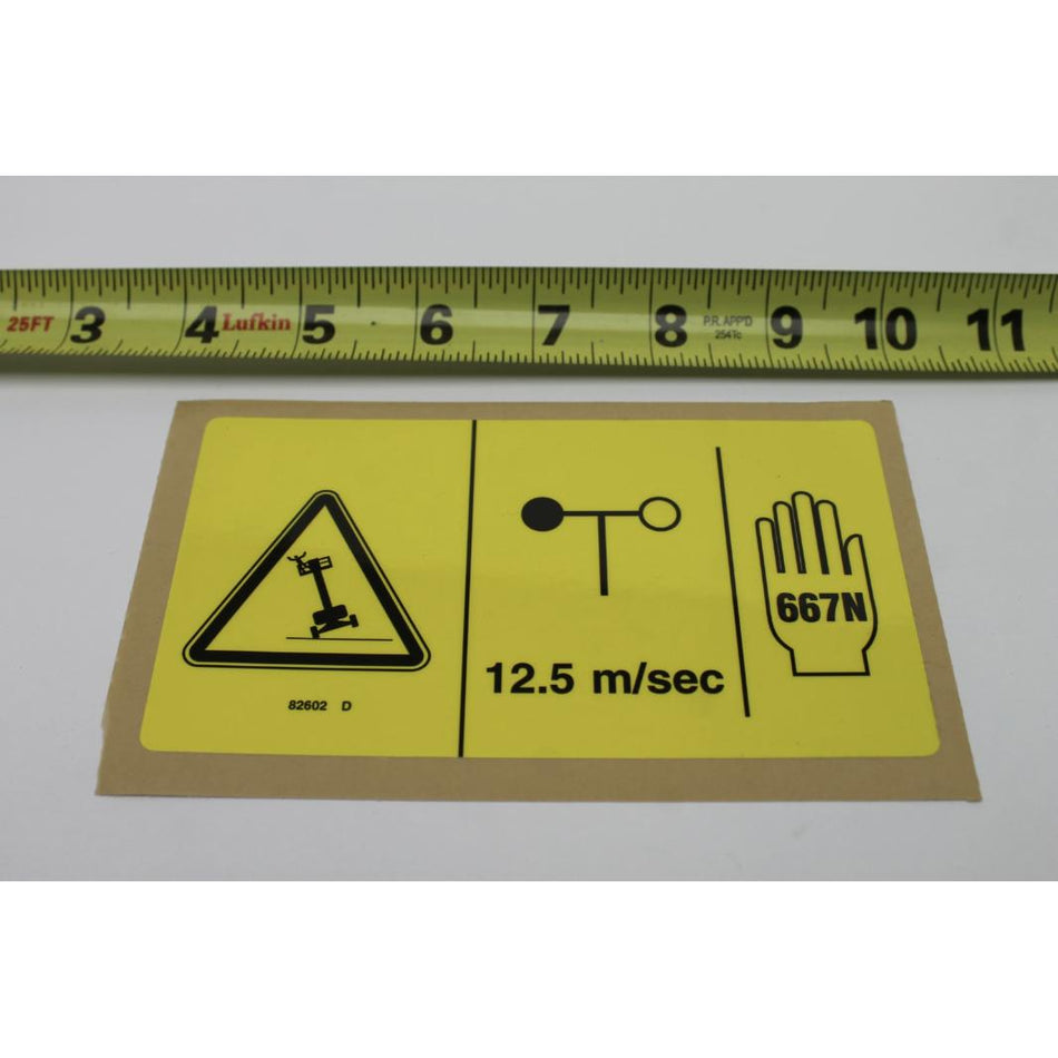 Genie Part # 82602. 82602GT - DECAL. DANGER. MAX SIDE FRC. 667N