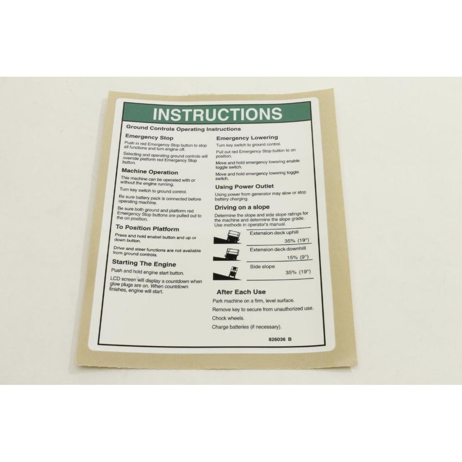 Genie Part # 826036. 826036GT - DECAL. GRND OPS INSTRUCT. GS69BE