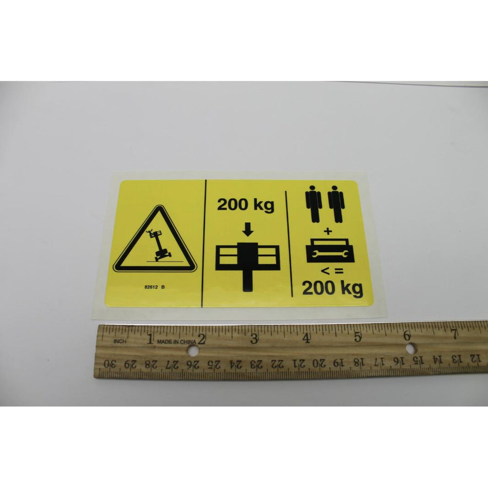 Genie Part # 82612. 82612GT - DECAL. DANGER. MAX CAP. 200KG