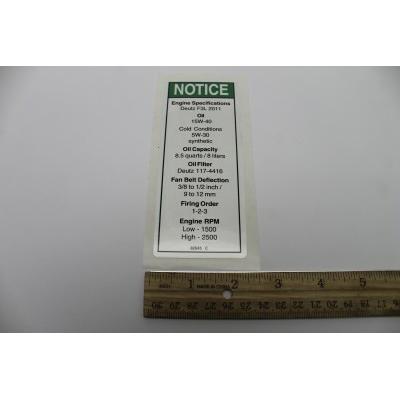 Genie Part # 82645. 82645GT - DECAL. NOTICE. DEUTZ ENG SPEC***