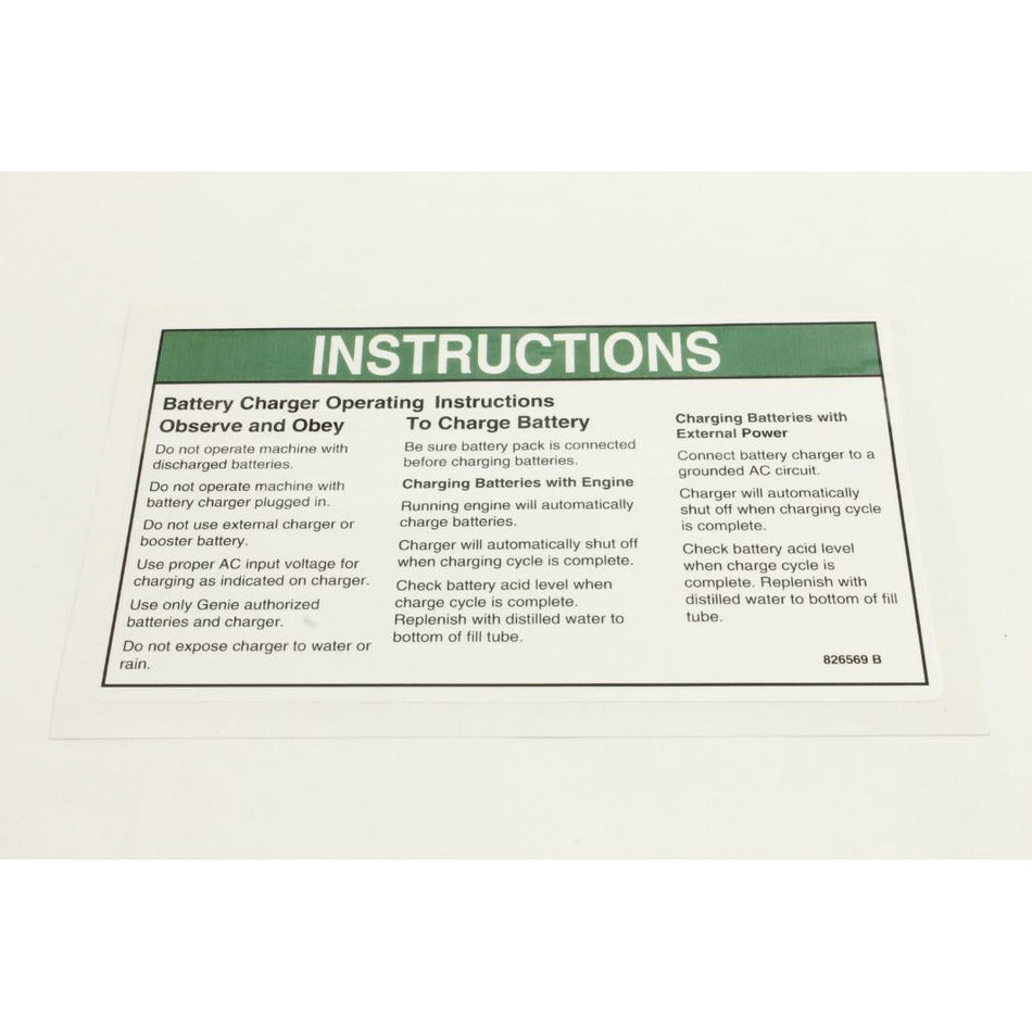 Genie Part # 826569. 826569GT - DECAL. INSTRUCTIONS-CHARGER OP
