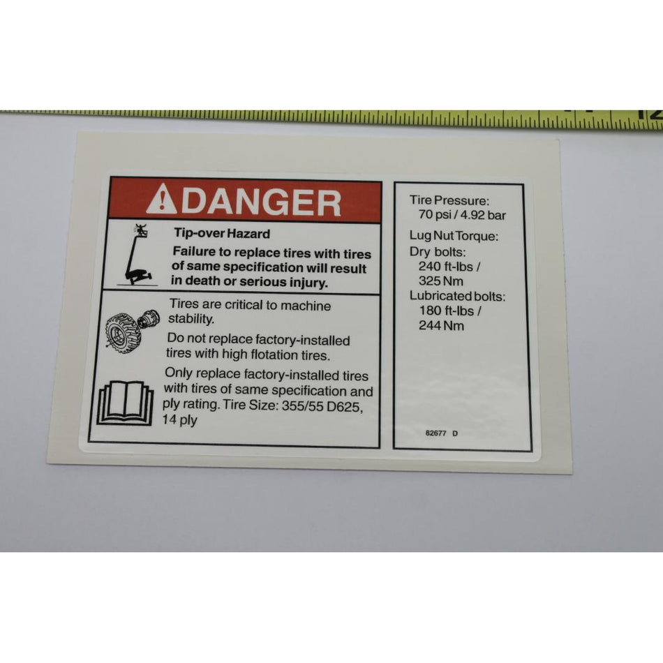 Genie Part # 82677. 82677GT - DECAL. DANGER/LABEL. TIRE SPECS