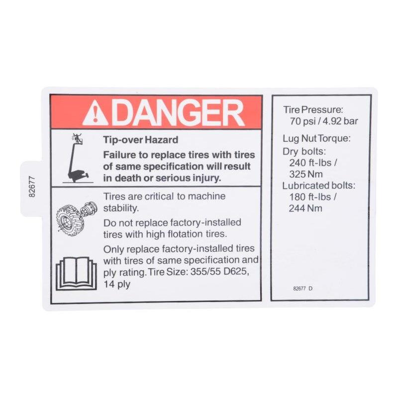 JLG Part # 82677 - Genie-DECAL. DANGER TIRE SPEC