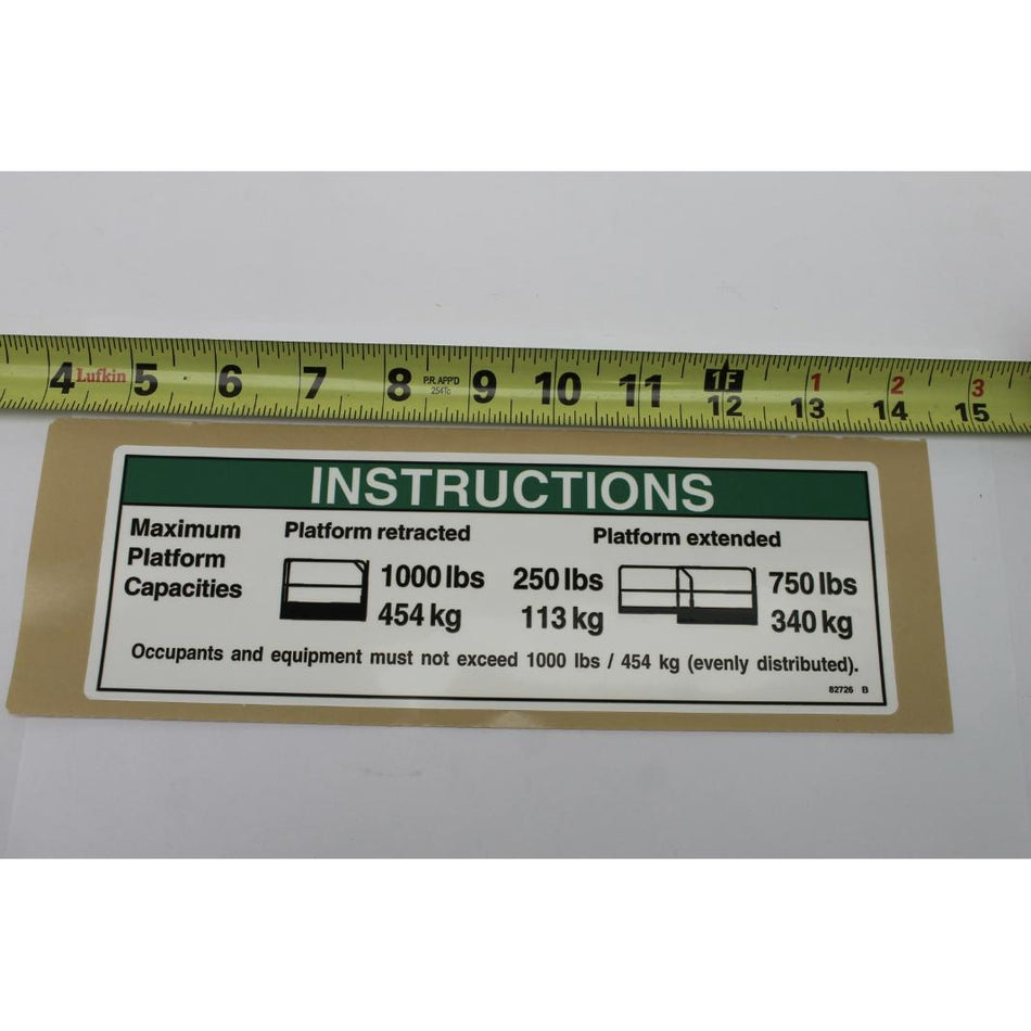 Genie Part # 82726. 82726GT - DECAL. INSTRUCT. MAXCAP1000LBS