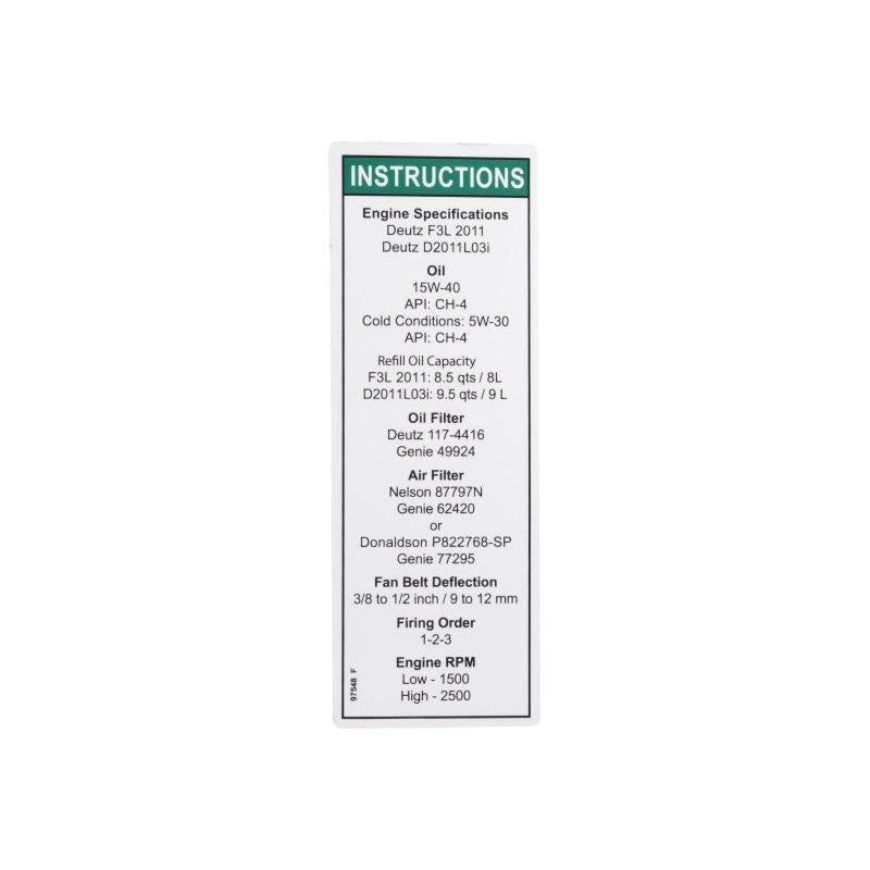JLG Part # 97548 - Genie-DECAL. ENG SPEC. DEUTZ 2011