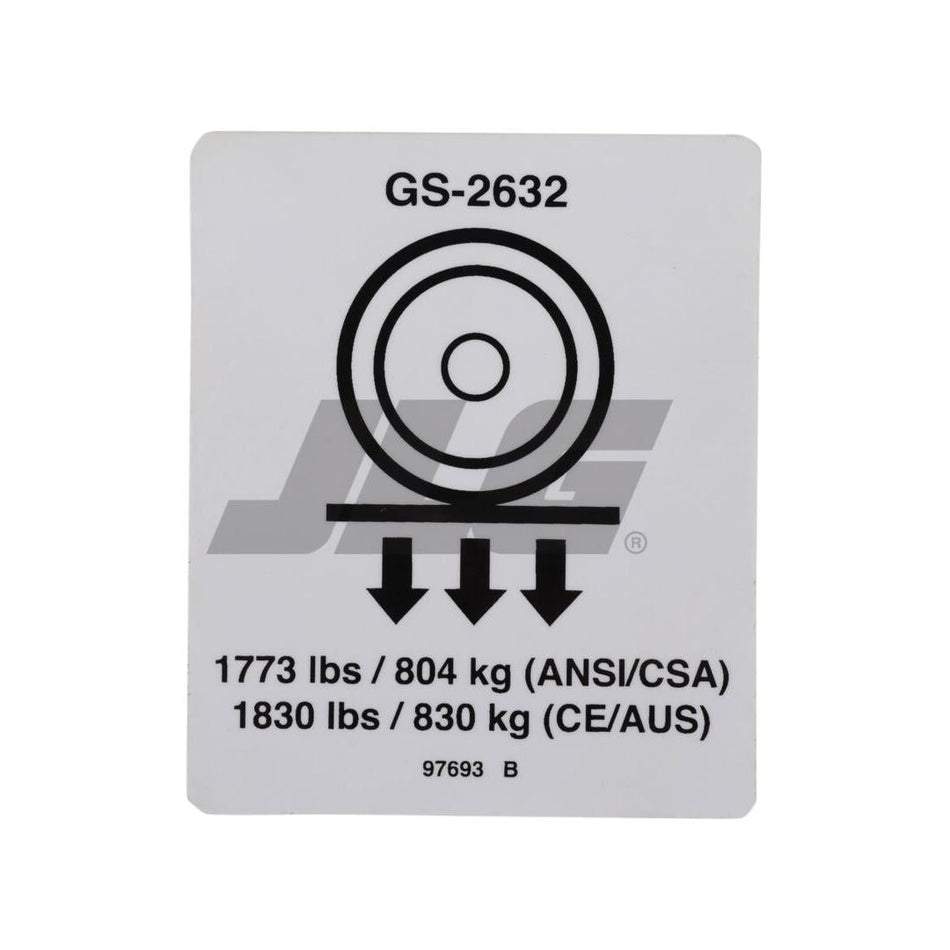 JLG Part # 97693 - Genie-LABEL. WHEEL LOAD 2632