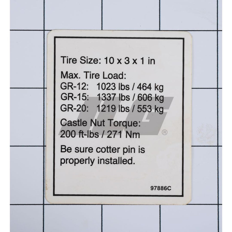 JLG Part # 97886 - Genie-LABEL. TIRE SPECS GR
