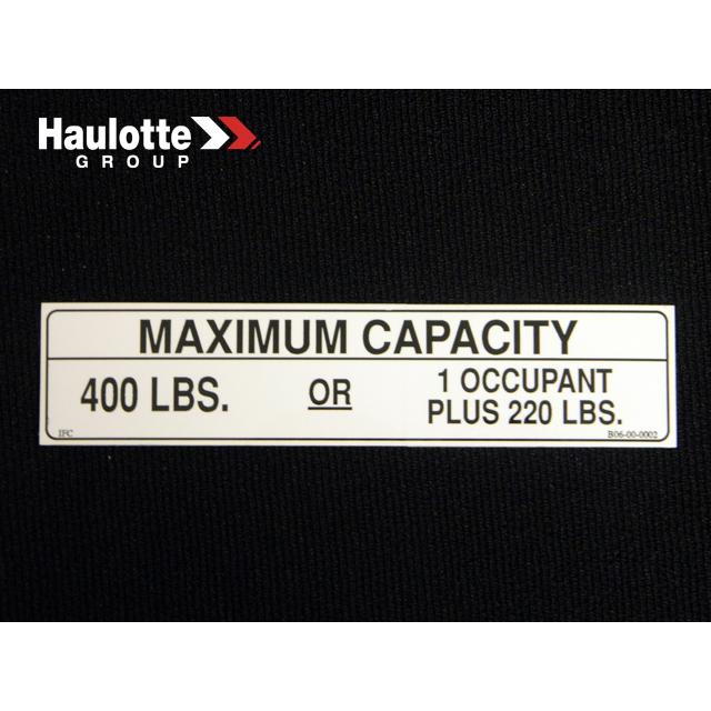 Haulotte Part # B06-00-0002 - Decal-Capacity 400 Lbs
