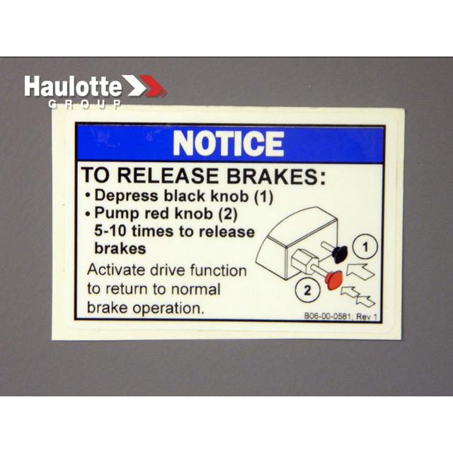 Haulotte Part # B06-00-0581 - Decal-Notice-Brake Release-X-Booms