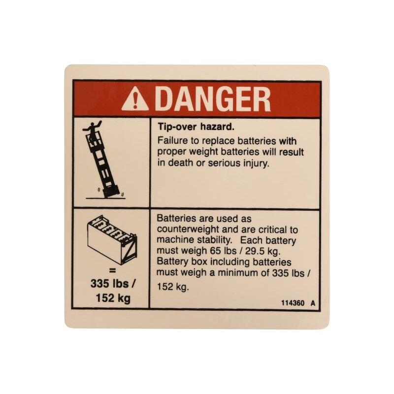 Genie Part # 114360. 114360GT - DECAL.DANGER-TIP-OVER.BATT