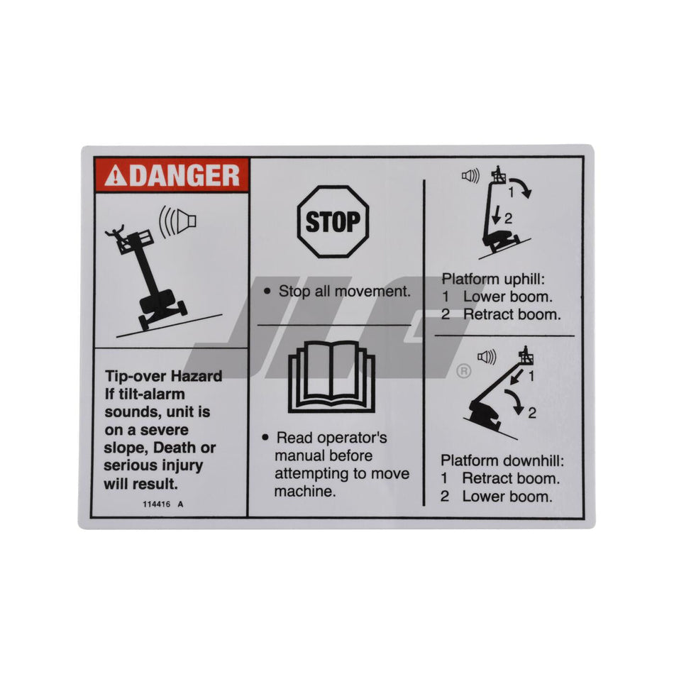 Genie Part # 114416. 114416GT - DECAL.DANGER.TIPOVER.TILT