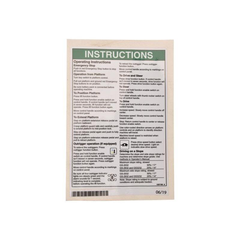 Genie Part # 1257185. 1257185GT - DECAL. OP INST. PLAT. GS32. ANSI
