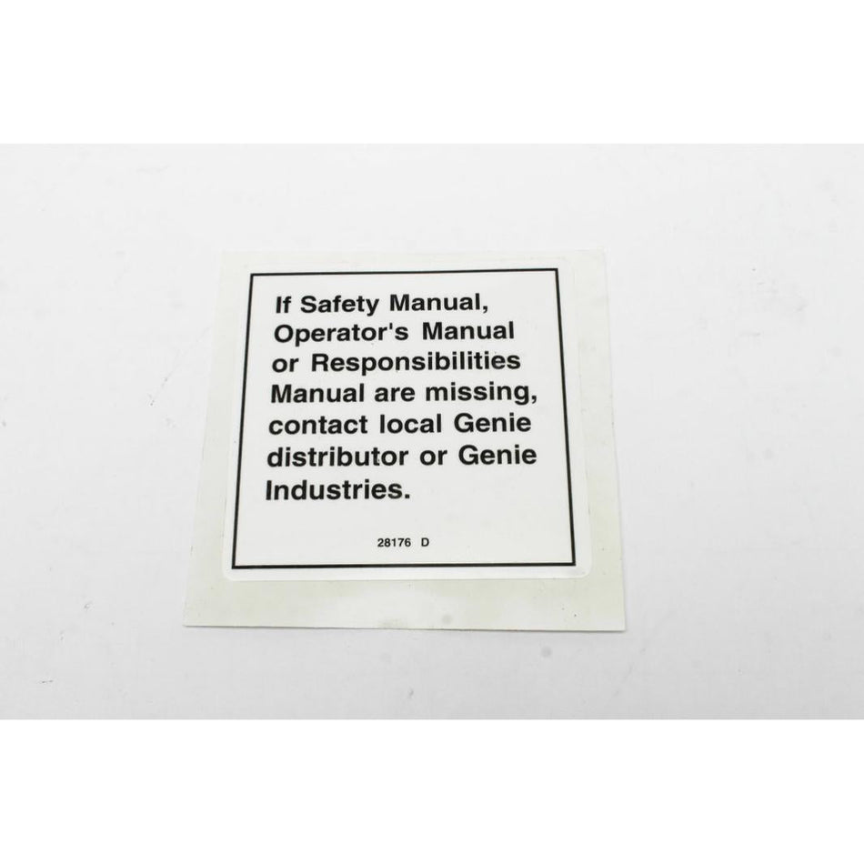 Genie Part # 28176. 28176GT - DECAL.LABEL.MANUAL NOT HERE