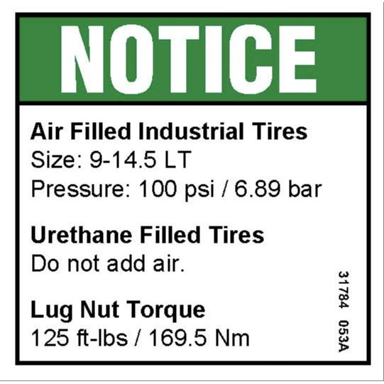 Genie Part # 31784. 31784GT - DECAL. NOTICE. TIRE SPECS. Z34DC