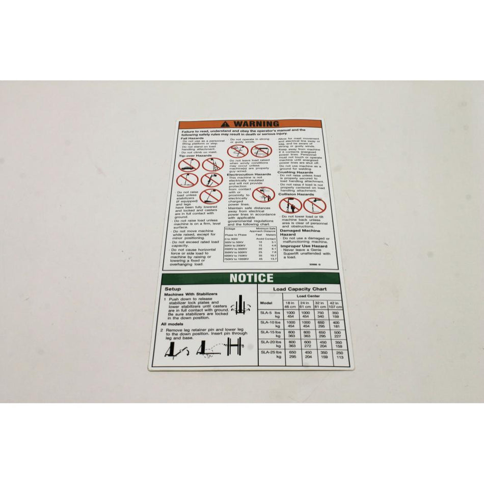 Genie Part # 32686. 32686GT - DECAL. OPERATING INSTRUCT. SLA