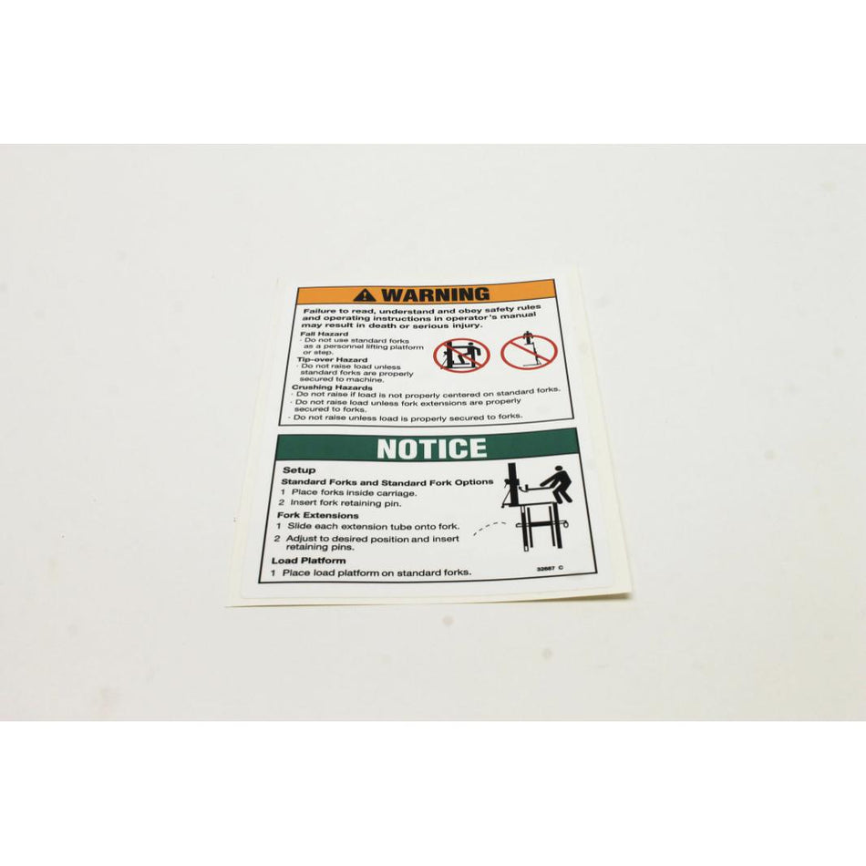 Genie Part # 32687. 32687GT - DECAL. WARNING STD.FORK SAFETY