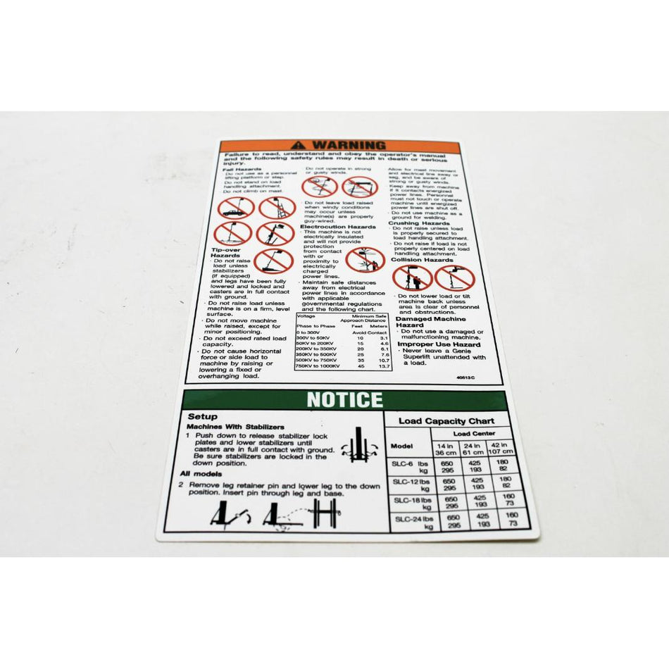 Genie Part # 40513. 40513GT - DECAL. WARNING/SAFETY-SLC